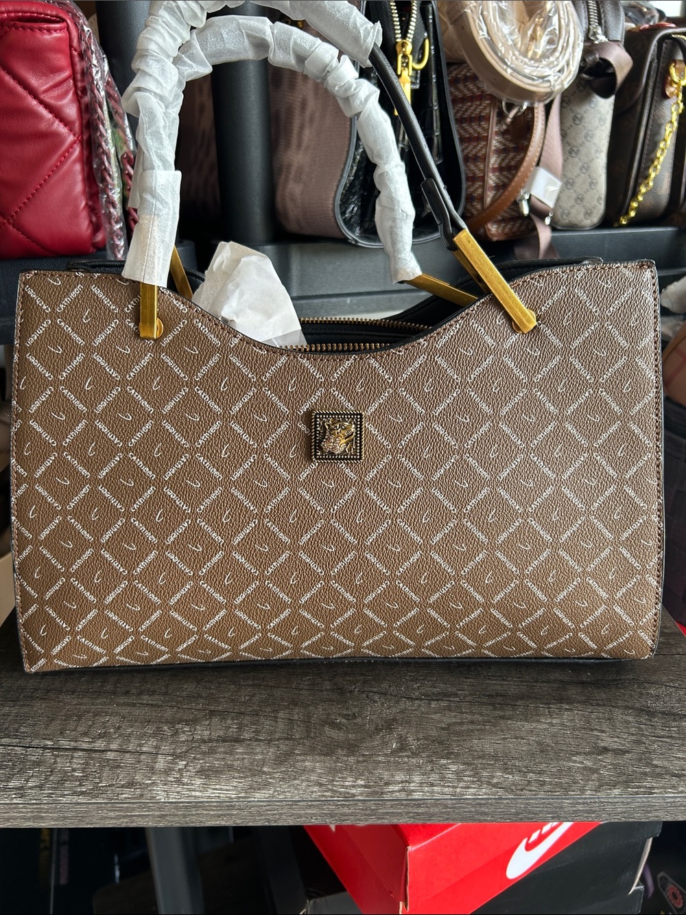 Brown Patterned Tote Bag with Gold Accents - Women Bags